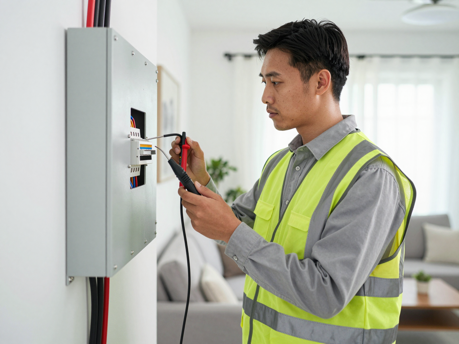 Professional electrician inspecting residential electrical panel with voltage tester